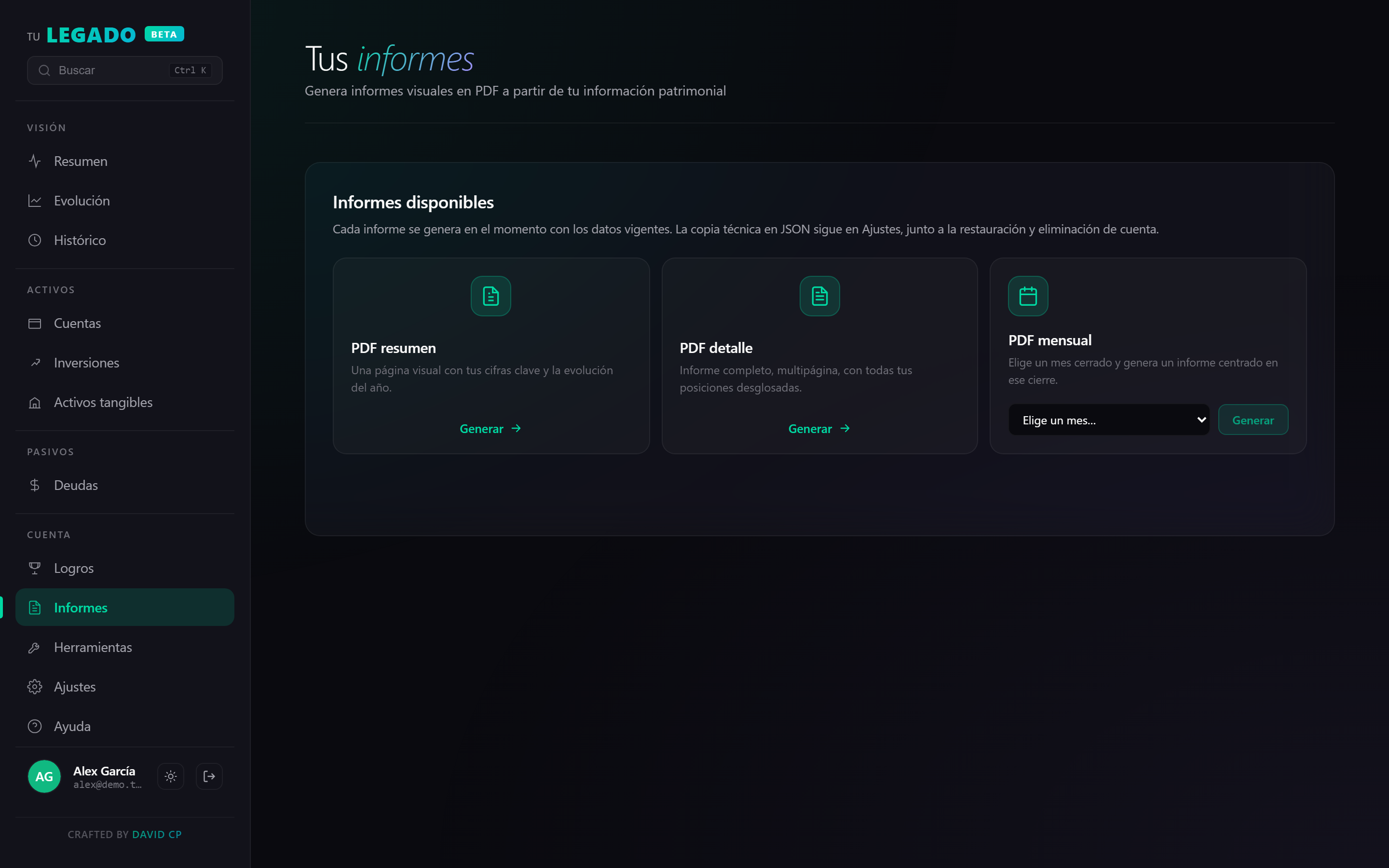 Vista de Informes con tres tipos de PDF: resumen, detalle y mensual