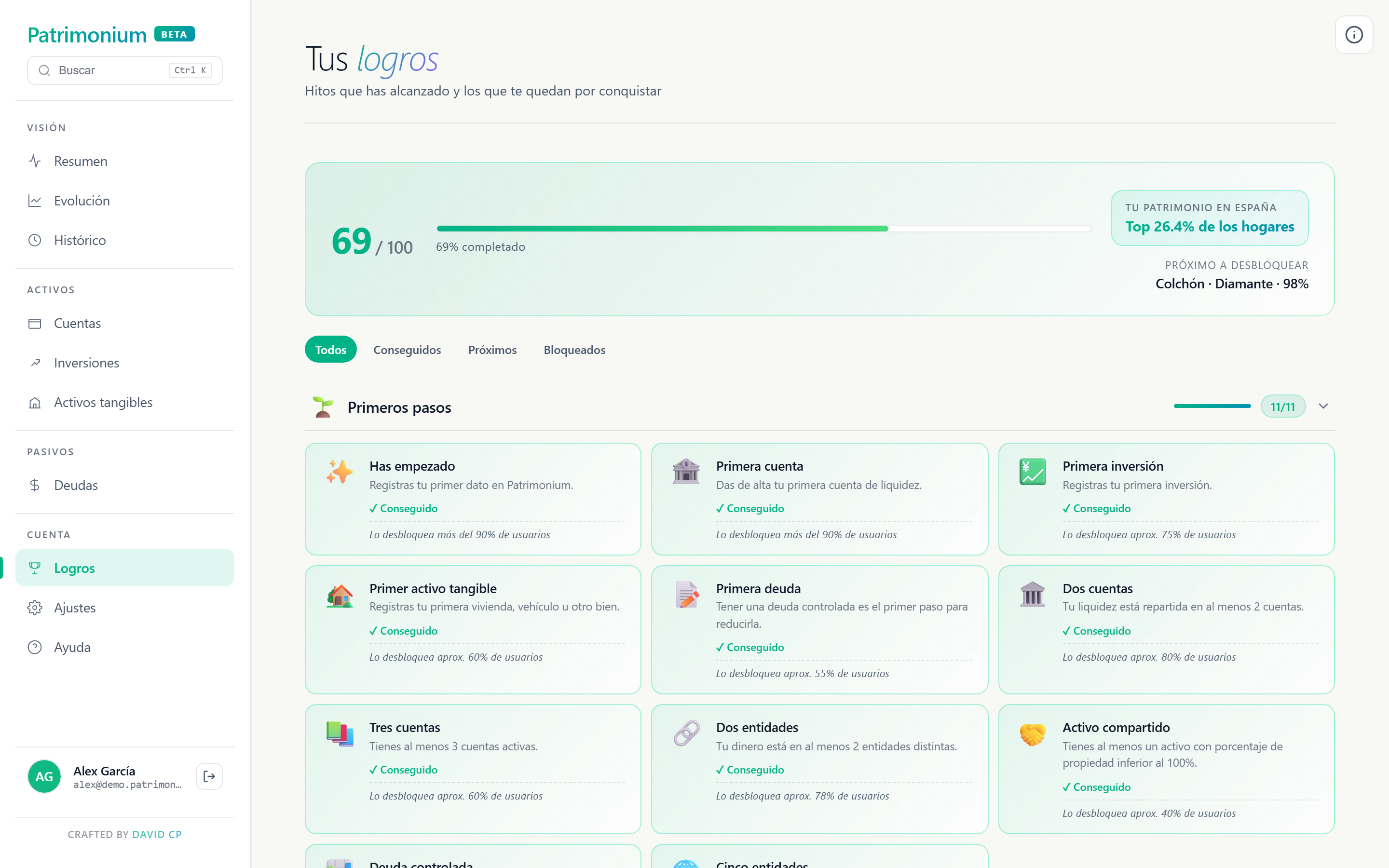 Sistema de logros con barras de progreso